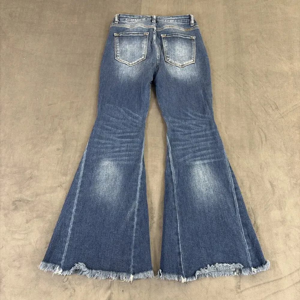 Kancan Kurvy Mid Rise Super Flare Frayed Hems Jeans Size 26×30 Bnfts Charity